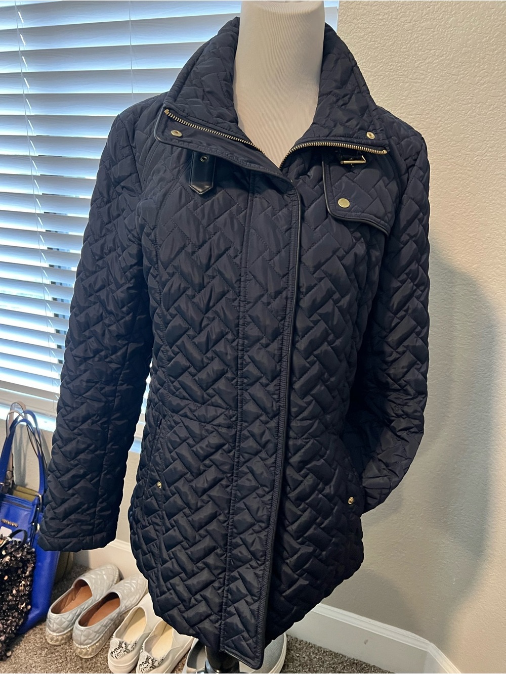 Cole Haan Quilted Navy Puffer Jacket with Stand Collar